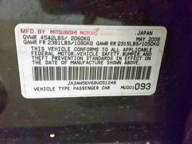 JA3AW56V68U051248 - 2008 MITSUBISHI LANCER EVO BLACK photo 10