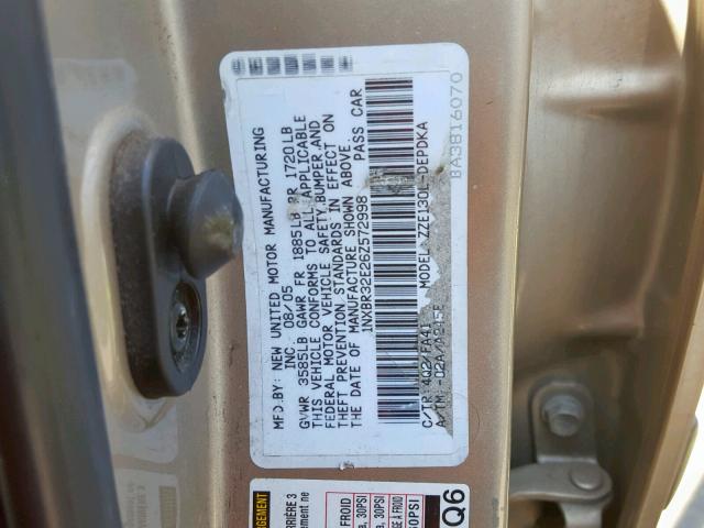 1NXBR32E26Z572998 - 2006 TOYOTA COROLLA CE BEIGE photo 10