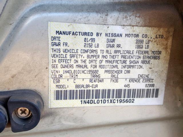 1N4DL01D1XC195602 - 1999 NISSAN ALTIMA XE BEIGE photo 10