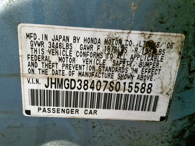 JHMGD38407S015588 - 2007 HONDA FIT SILVER photo 10