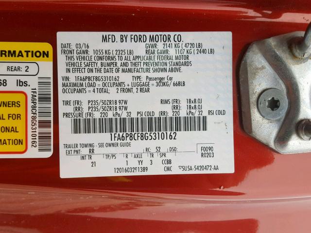 1FA6P8CF8G5310162 - 2016 FORD MUSTANG GT RED photo 10