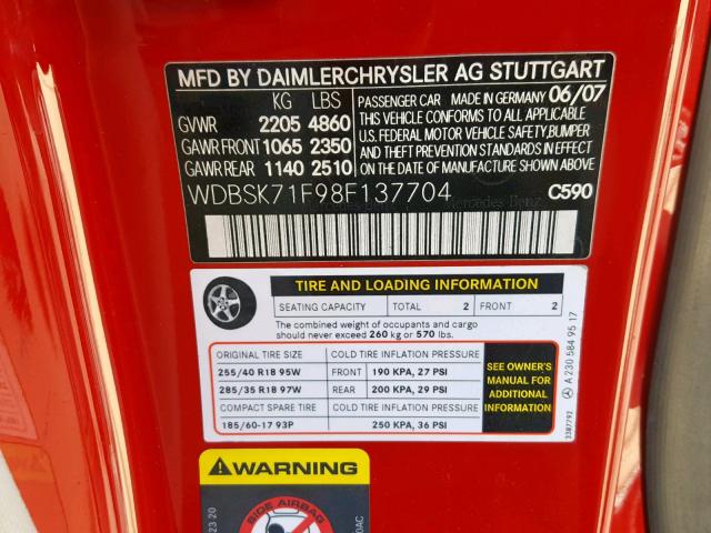 WDBSK71F98F137704 - 2008 MERCEDES-BENZ SL 550 RED photo 10