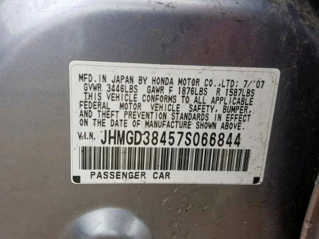 JHMGD38457S066844 - 2007 HONDA FIT GRAY photo 10