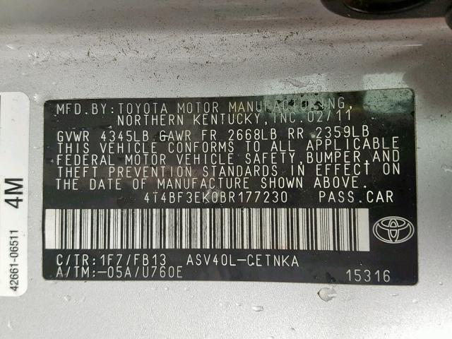 4T4BF3EK0BR177230 - 2011 TOYOTA CAMRY BASE SILVER photo 10