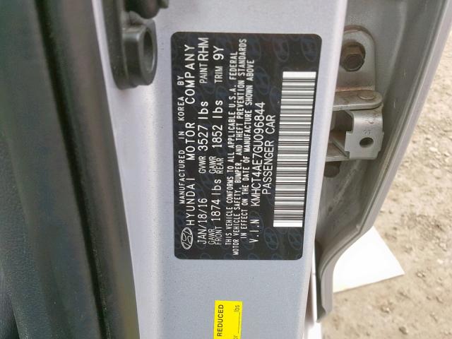 KMHCT4AE7GU096844 - 2016 HYUNDAI ACCENT SE SILVER photo 10