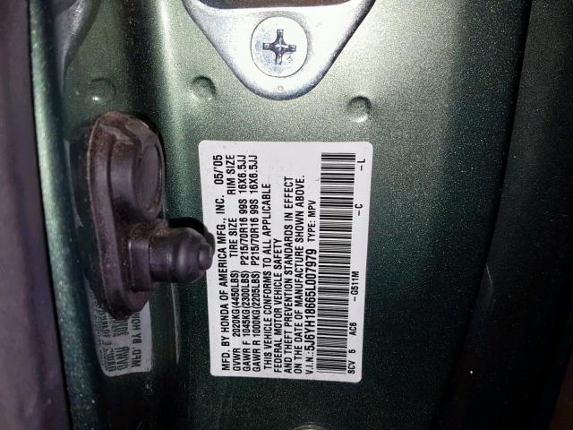 5J6YH18665L007979 - 2005 HONDA ELEMENT EX GREEN photo 10