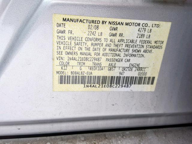 1N4AL21E08C229487 - 2008 NISSAN ALTIMA 2.5 SILVER photo 10