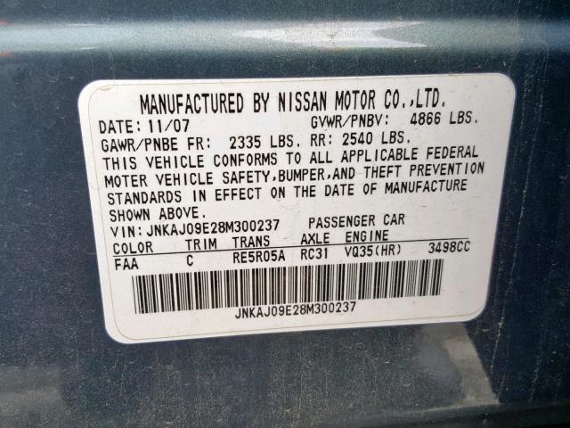 JNKAJ09E28M300237 - 2008 INFINITI EX35 BASE GRAY photo 10