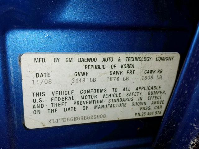 KL1TD66E69B629908 - 2009 CHEVROLET AVEO LS BLUE photo 10