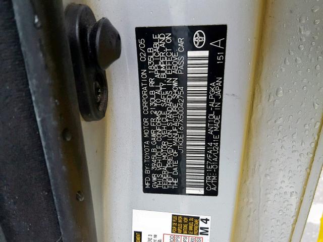 JTKDE167X50042754 - 2005 TOYOTA SCION TC ვერცხლისფერი ფოტო 10