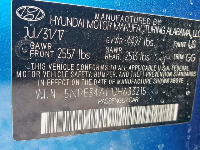 5NPE34AF1JH633215 - 2018 HYUNDAI SONATA SPO BLUE photo 10