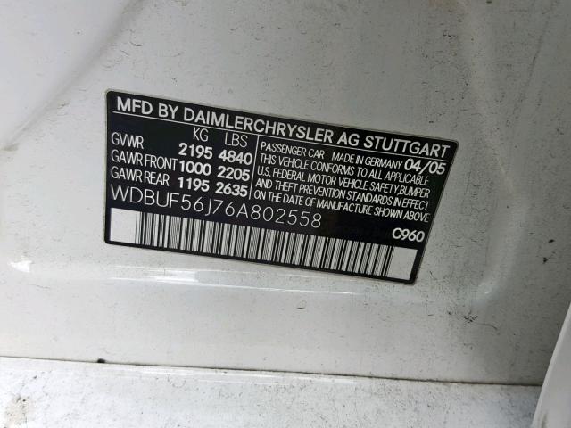 WDBUF56J76A802558 - 2006 MERCEDES-BENZ E 350 WHITE photo 10