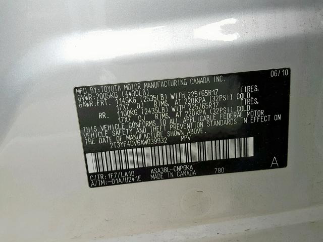 2T3YF4DV6AW039932 - 2010 TOYOTA RAV4 LIMIT SILVER photo 10