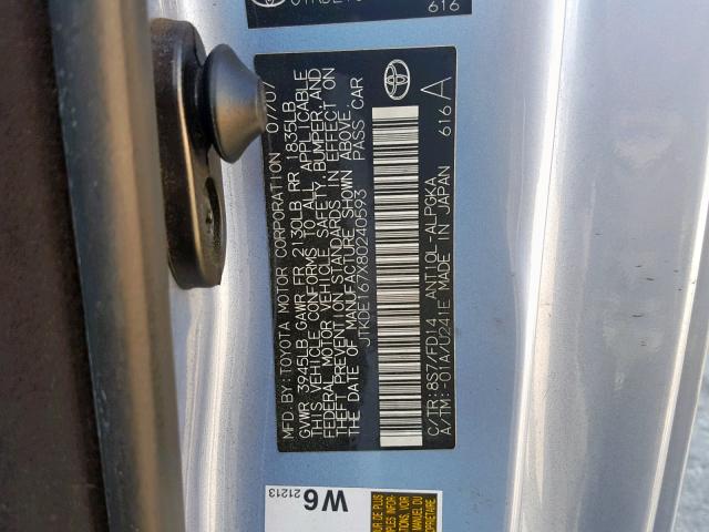 JTKDE167X80240593 - 2008 TOYOTA SCION TC BLUE photo 10