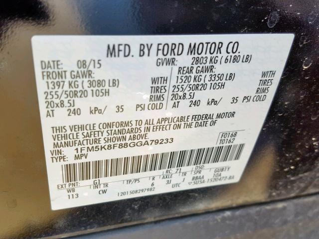 1FM5K8F88GGA79233 - 2016 FORD EXPLORER L BLACK photo 10