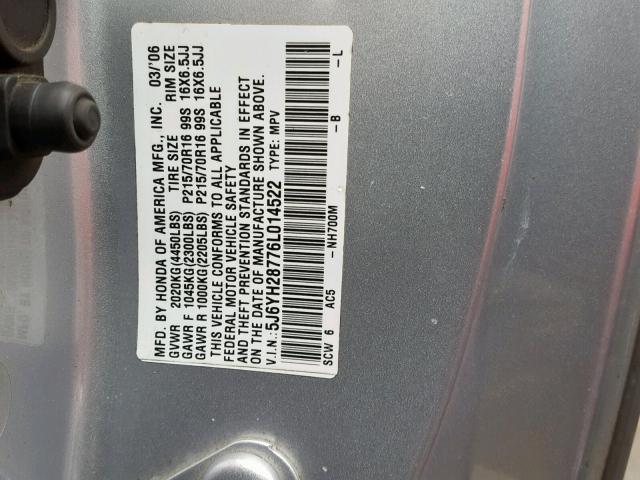 5J6YH28776L014522 - 2006 HONDA ELEMENT EX SILVER photo 10