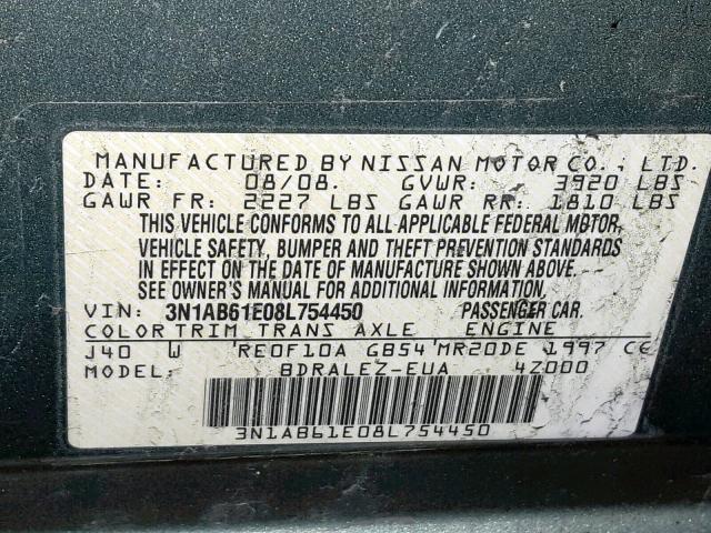 3N1AB61E08L754450 - 2008 NISSAN SENTRA 2.0 GREEN photo 10