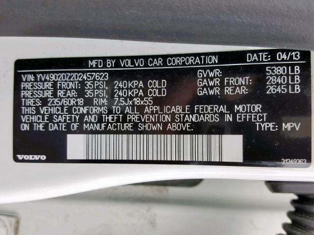 YV4902DZ2D2457623 - 2013 VOLVO XC60 T6 WHITE photo 10