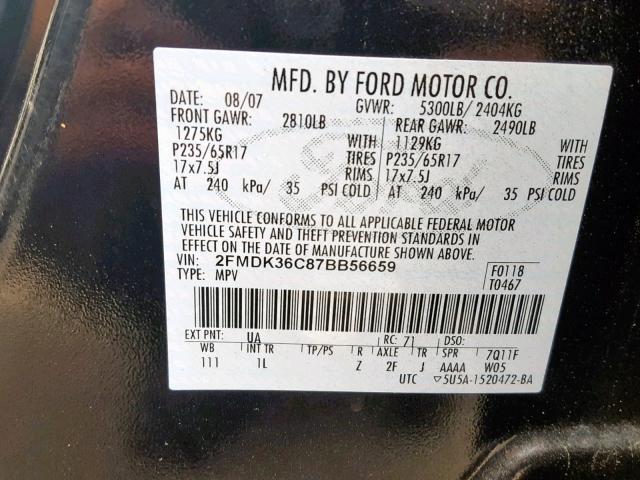 2FMDK36C87BB56659 - 2007 FORD EDGE SE BLACK photo 10