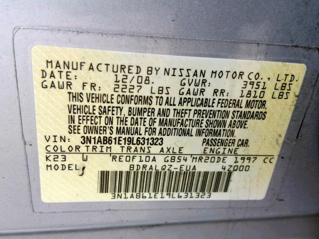 3N1AB61E19L631323 - 2009 NISSAN SENTRA 2.0 SILVER photo 10