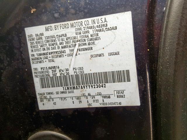 1LNHM87A9YY923042 - 2000 LINCOLN LS BLUE photo 10