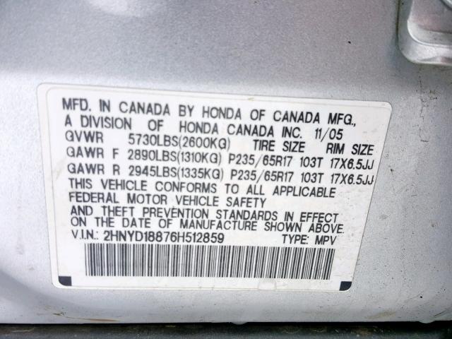 2HNYD18876H512859 - 2006 ACURA MDX TOURIN SILVER photo 10