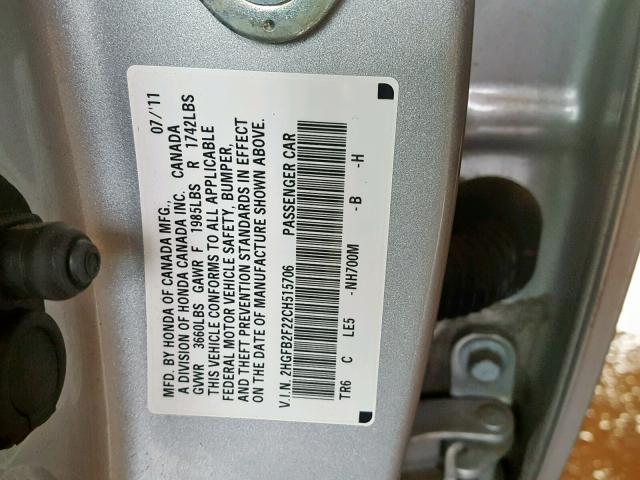 2HGFB2F22CH515706 - 2012 HONDA CIVIC DX SILVER photo 10