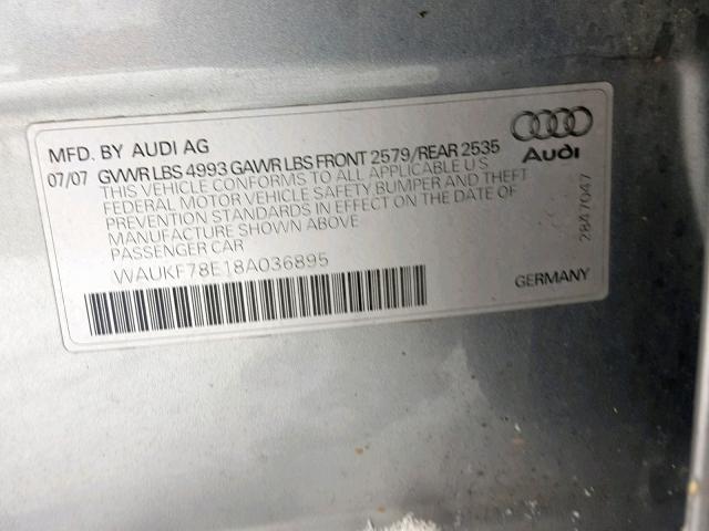 WAUKF78E18A036895 - 2008 AUDI A4 2.0T AV SILVER photo 10