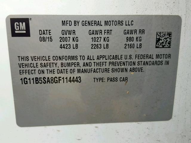 1G11B5SA8GF114443 - 2016 CHEVROLET MALIBU LIM 白色 照片 10