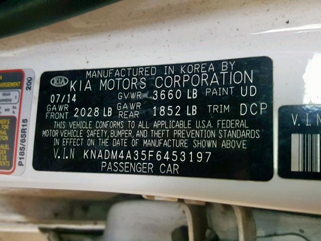 KNADM4A35F6453197 - 2015 KIA RIO LX WHITE photo 10