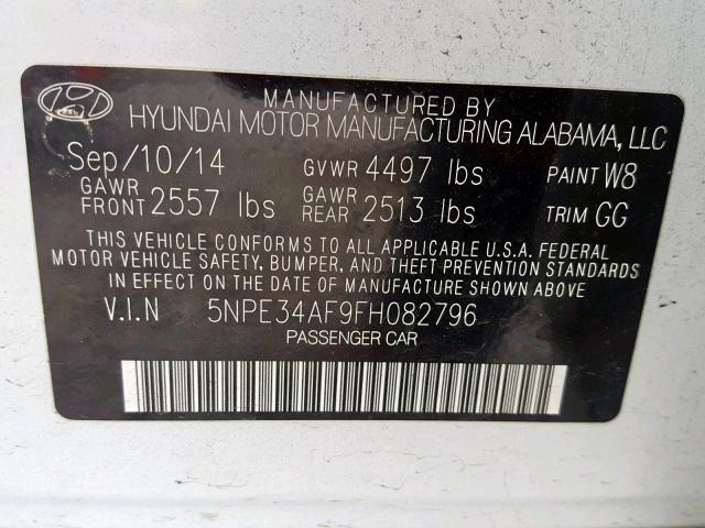 5NPE34AF9FH082796 - 2015 HYUNDAI SONATA SPO WHITE photo 10