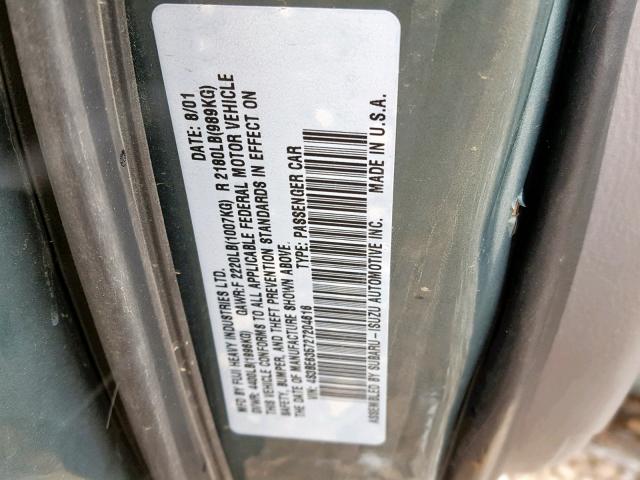 4S3BE635727204616 - 2002 SUBARU LEGACY L GREEN photo 10