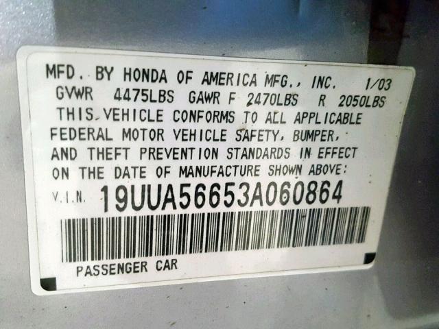 19UUA56653A060864 - 2003 ACURA 3.2TL SILVER photo 10