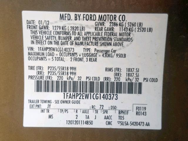 1FAHP2EW1CG140373 - 2012 FORD TAURUS SEL GREEN photo 10