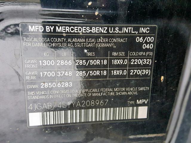 4JGAB74E1YA208967 - 2000 MERCEDES-BENZ ML 55 BLACK photo 10