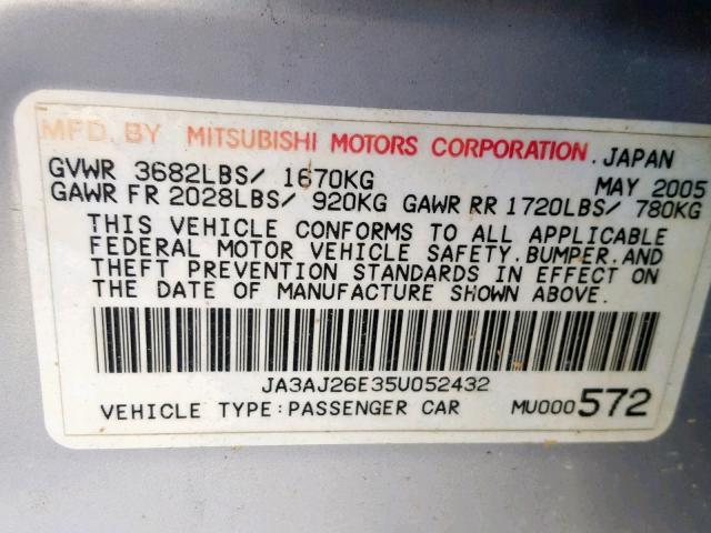 JA3AJ26E35U052432 - 2005 MITSUBISHI LANCER ES SILVER photo 10