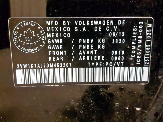 3VW1K7AJ7DM453207 - 2013 VOLKSWAGEN JETTA BASE Սև լուսանկար 10