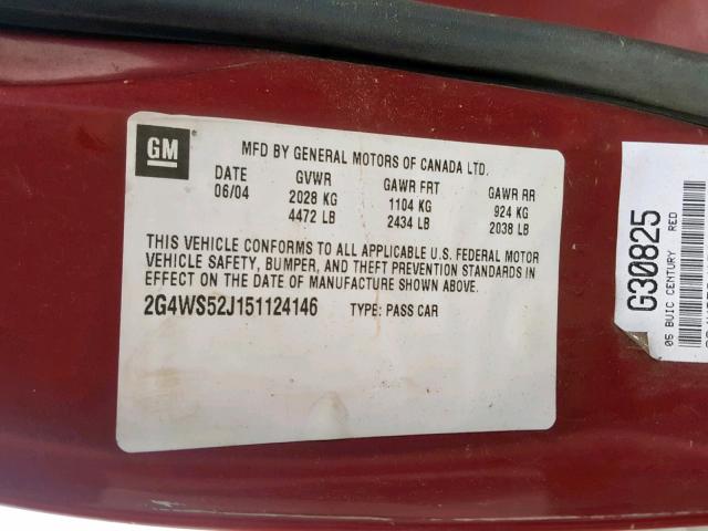 2G4WS52J151124146 - 2005 BUICK CENTURY CU MAROON photo 10