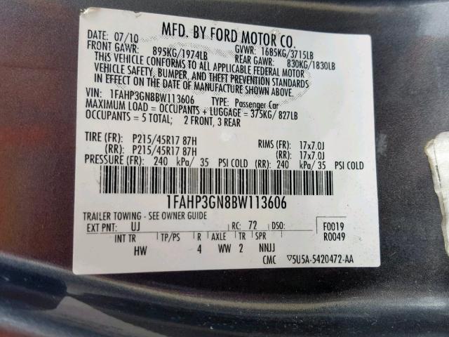 1FAHP3GN8BW113606 - 2011 FORD FOCUS SES CHARCOAL photo 10