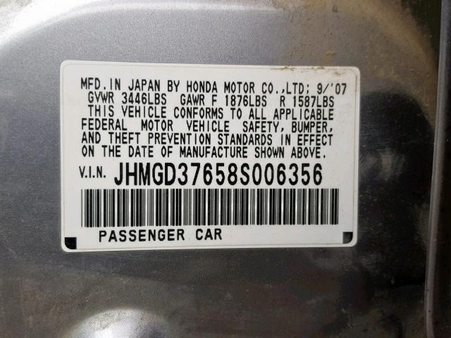 JHMGD37658S006356 - 2008 HONDA FIT SPORT SILVER photo 10