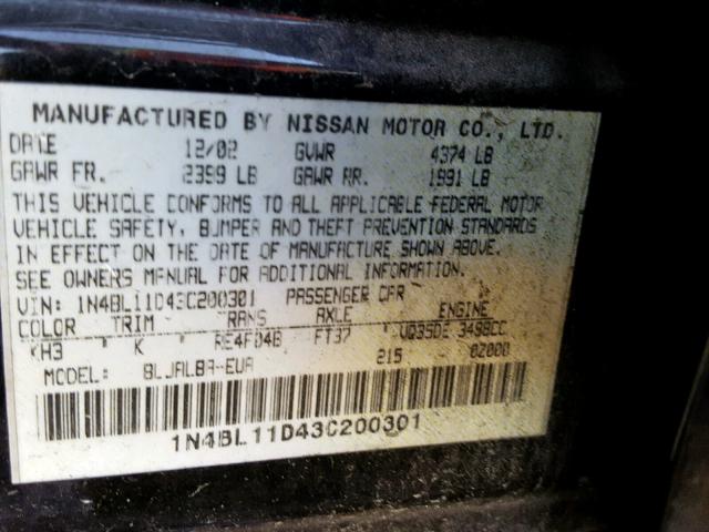 1N4BL11D43C200301 - 2003 NISSAN ALTIMA SE BLACK photo 10