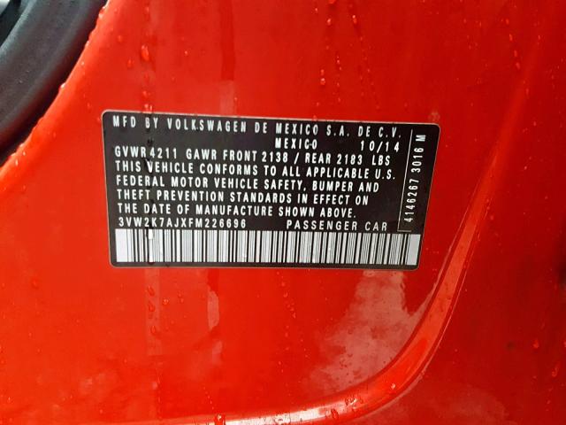 3VW2K7AJXFM226696 - 2015 VOLKSWAGEN JETTA BASE RED photo 10