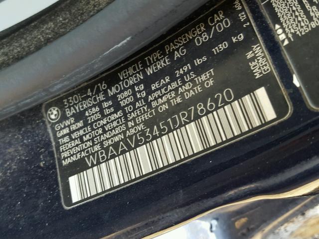 WBAAV53451JR78620 - 2001 BMW 330 I BLUE photo 10