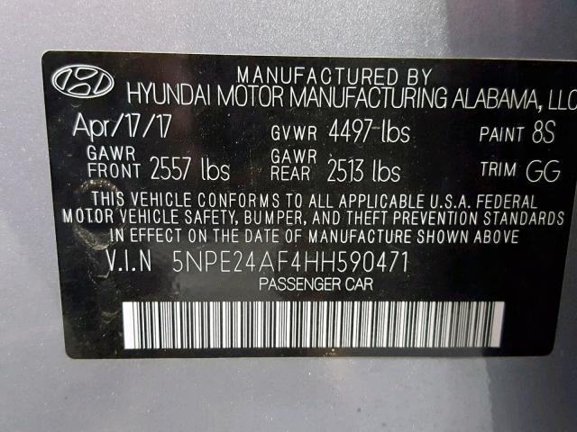 5NPE24AF4HH590471 - 2017 HYUNDAI SONATA SE SILVER photo 10