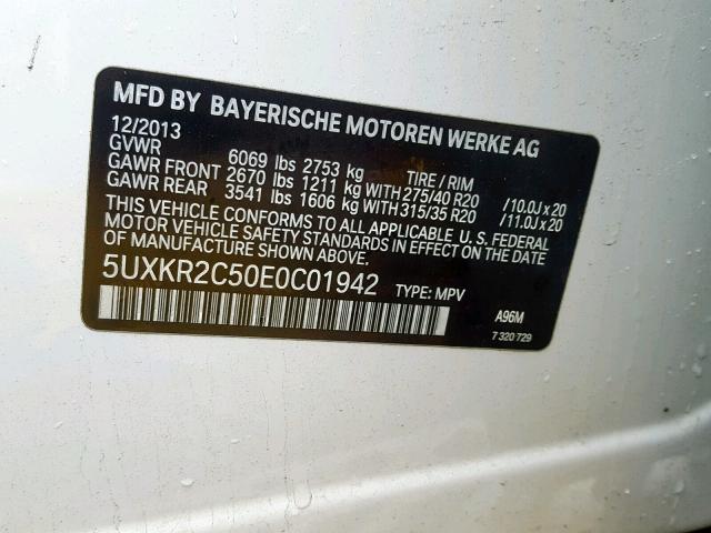 5UXKR2C50E0C01942 - 2014 BMW X5 SDRIVE3 WHITE photo 10