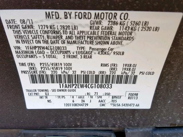 1FAHP2EW4CG108033 - 2012 FORD TAURUS SEL CHARCOAL photo 10