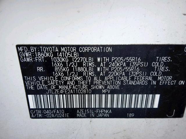 JTLZE4FE2A1102810 - 2010 TOYOTA SCION XB 白色 照片 10