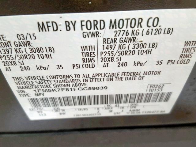 1FM5K7F81FGC59839 - 2015 FORD EXPLORER L BLACK photo 10