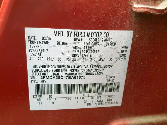 2FMDK38C47BA81875 - 2007 FORD EDGE SEL BURGUNDY photo 10