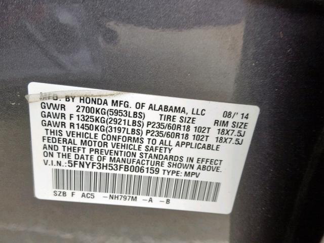 5FNYF3H53FB006159 - 2015 HONDA PILOT EXL BLACK photo 10